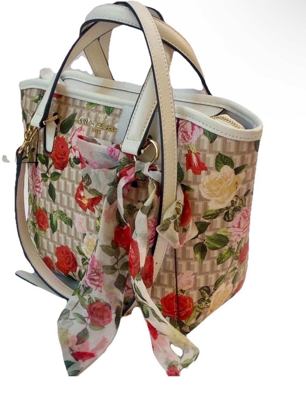 Karl Lagerfeld floral print with scarf charm tote crossbody bag